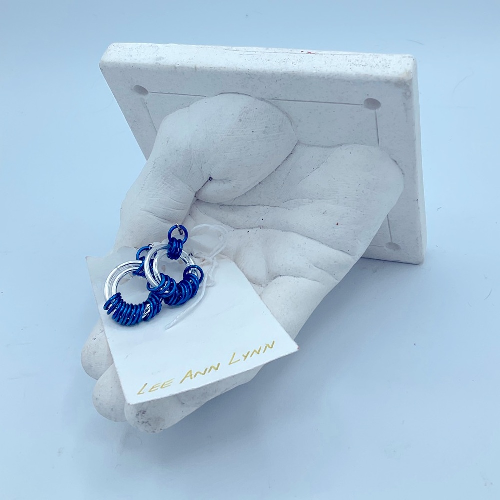 “HANDMADE” SILVER AND BLUE HOOP STYLE PIERCED EARRINGS BY LEE ANN LYNN.